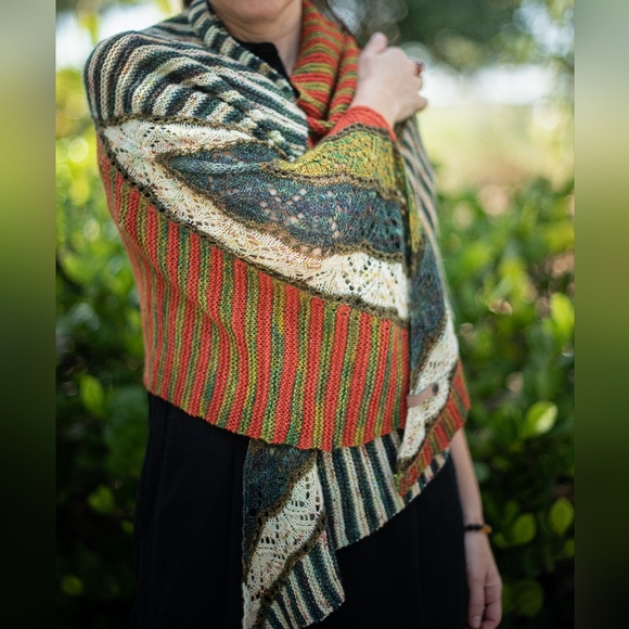 Shawl Large Striped Lace Green Red Yellow Hand Knit Wrap - Picture 12 of 15